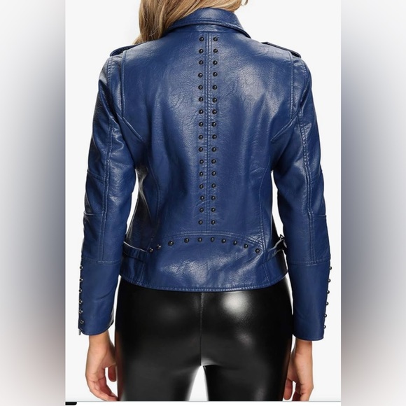 S P Y M Women’s Faux Leather Jacket, Double Zip Up, Moto Biker, Rivets- XL- Navy - Picture 3 of 14